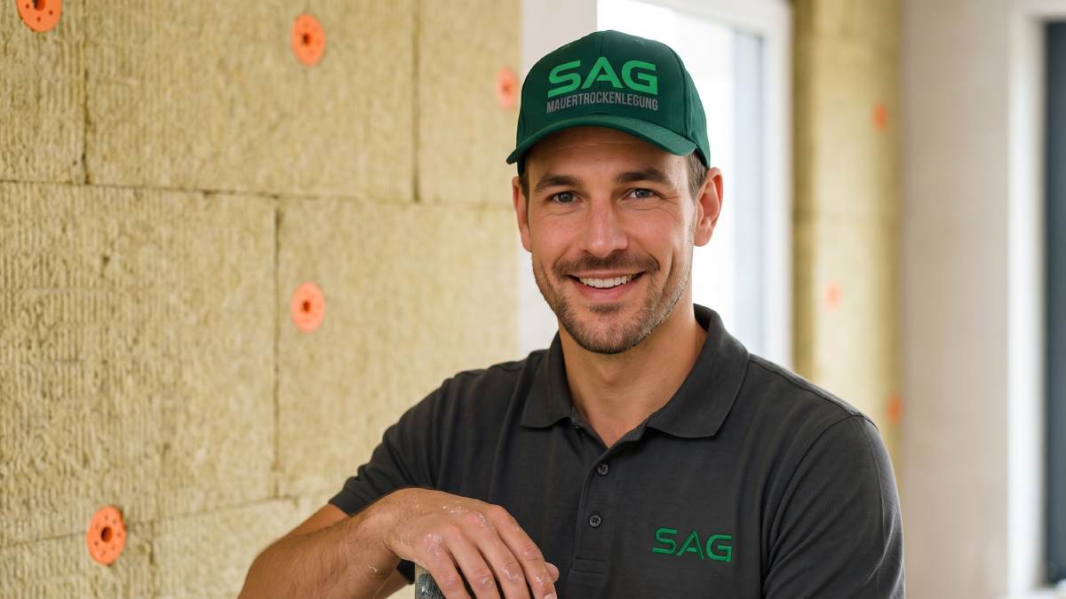Mitarbeiter der SAG Mauertrockenlegung GmbH mit SAG-Cap auf einer Baustelle für Innenabdichtung