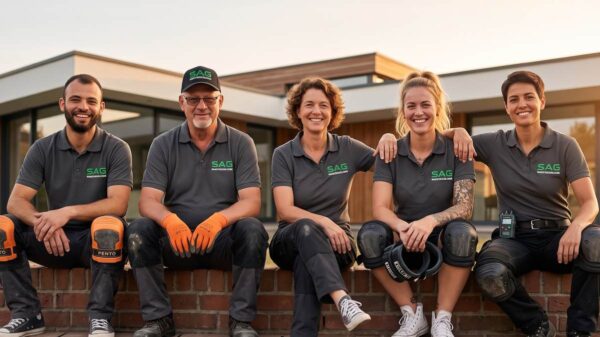 Team der SAG Mauertrockenlegung GmbH aus Leverkusen vor einem Wohnhaus in Nordrhein-Westfalen