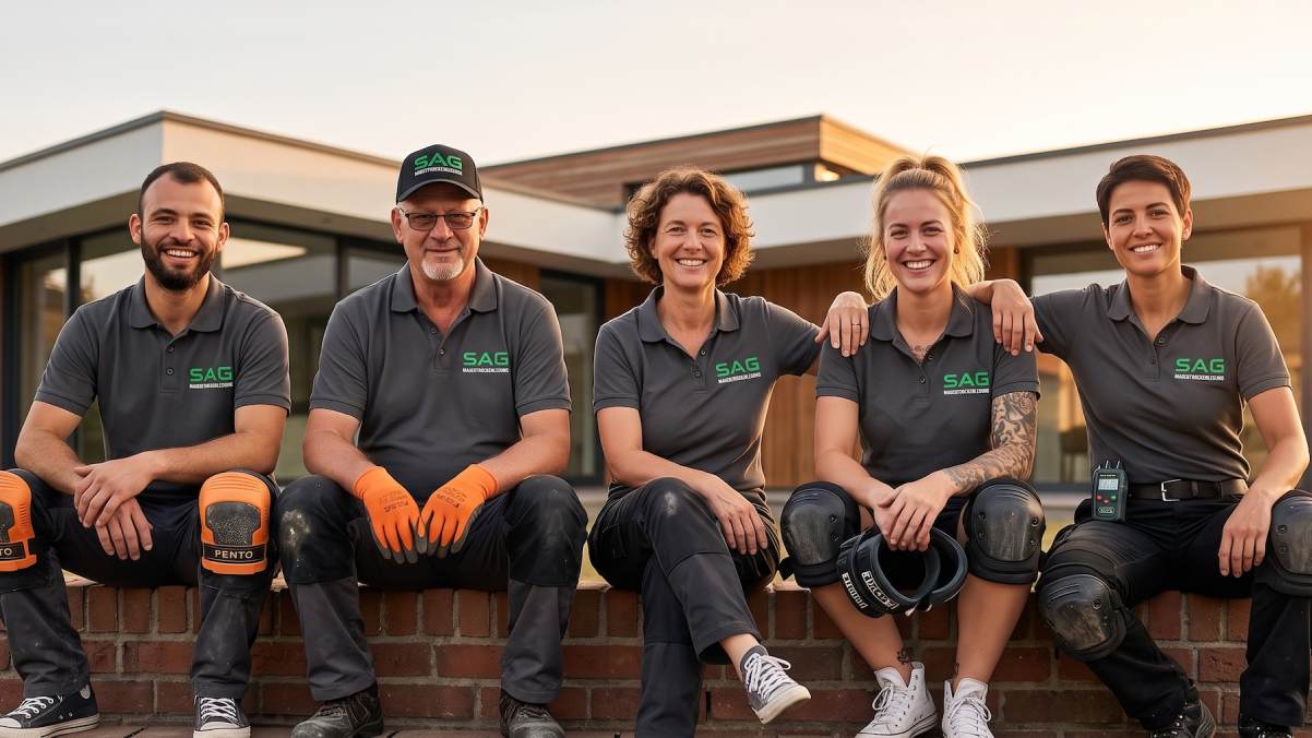Team der SAG Mauertrockenlegung GmbH aus Leverkusen vor einem Wohnhaus in Nordrhein-Westfalen